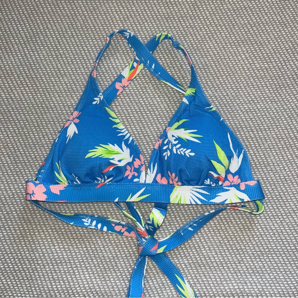 Jessica Simpson Women's Bright Blue Cross Back Floral Bikini Top Sz Sm